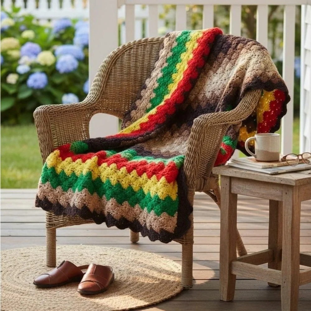 Handmade Crochet Throw Blanket Boho Granny Stripe Cottagecore 70s